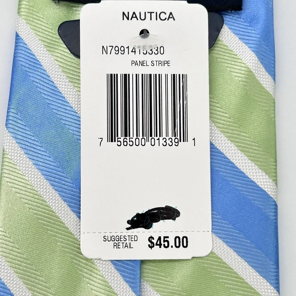 Nautica Necktie Adult Blue Green White Striped 100% Silk Repp Tie NEW